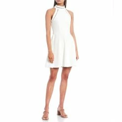 Cheapest ๐ฅฐ B. Darlin Sleeveless Mock Neck Cut-Out Inset Fit-And-Flare Scuba ๐ Dress Off White ๐ฅฐ