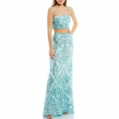 Buy 🎉 B. Darlin Sequin-Embellished Double Spaghetti Strap Square Neck Crop Top & Coordinating Long 👗 Skirt 2-Piece 👗 Dress Dark Mint ❤️