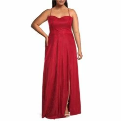Promo 💯 B. Darlin Plus Lace-Up Back Slit Hem Sherri Shine Long 👗 Dress Rouge 🤩