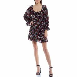 Best Sale 🎁 B. Darlin Long-Sleeve Square Neck Tie-Front Ruched Floral Printed Emma Skater 👗 Dress Black/red/pink 😉