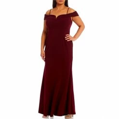 Hot Sale ⌛ B. Darlin Plus Off-The-Shoulder Cap Sleeve Scalloped Scuba Crepe Long Mermaid 👗 Dress Dark Garnet 💯