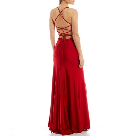 Top 10 ๐ B. Darlin Spaghetti-Strap Plunged V-Neckline Ruched Shiny Knit ITY Fitted Long ๐ Dress Tomato Red ๐คฉ 4 Top 10 ๐ B. Darlin Spaghetti-Strap Plunged V-Neckline Ruched Shiny Knit ITY Fitted Long ๐ Dress Tomato Red ๐คฉ - Image 2