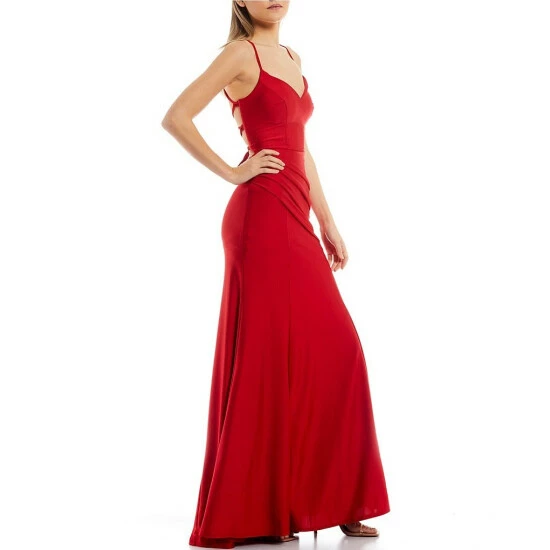 Top 10 ๐ B. Darlin Spaghetti-Strap Plunged V-Neckline Ruched Shiny Knit ITY Fitted Long ๐ Dress Tomato Red ๐คฉ 5 Top 10 ๐ B. Darlin Spaghetti-Strap Plunged V-Neckline Ruched Shiny Knit ITY Fitted Long ๐ Dress Tomato Red ๐คฉ - Image 3
