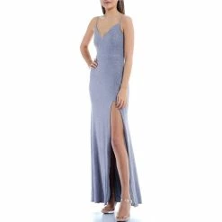 Best deal 🌟 B. Darlin Spaghetti-Strap V-Neck Slit Hem Glitter Slinky Knit Slit Long 👗 Dress Muted Blue/silver 😍 -B. Darlin shop unnamed file 1046