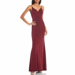 Outlet ⭐ B. Darlin V-Neck Knot-Back Sheath Long 👗 Dress Burgundy ❤️