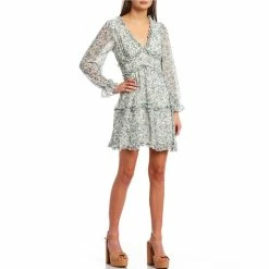 Coupon 😍 B. Darlin Long-Sleeve V-Neck Floral Print Ruffled Chiffon Fit-And-Flare 👗 Dress White/sage 😉