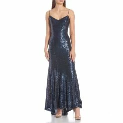Best Pirce 🛒 B. Darlin Spaghetti-Strap V-Neck Low Back Sequined Slim Long 👗 Dress Navy ⌛