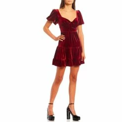 Cheapest 🎉 B. Darlin Puff Sleeve Smocked Back Tiered Velvet 👗 Dress Wine ✨