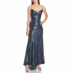 Best Pirce 🛒 B. Darlin Spaghetti-Strap V-Neck Low Back Sequined Slim Long 👗 Dress Navy ⌛ -B. Darlin shop unnamed file 1063