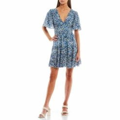 Best deal ⌛ B. Darlin Short-Sleeve V-Neck Floral Print Ruffled-Hem Fit-And-Flare 👗 Dress Ivory/blue 🛒