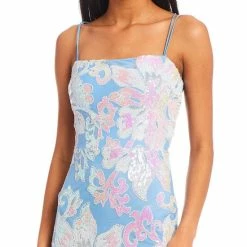 Coupon 👏 B. Darlin Spaghetti-Strap Square-Neck Tie-Back Placement Sequined Floral Printed Mesh Ball Gown Chambray/off White 😀 -B. Darlin shop unnamed file 1068