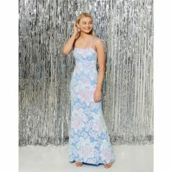 Coupon 👏 B. Darlin Spaghetti-Strap Square-Neck Tie-Back Placement Sequined Floral Printed Mesh Ball Gown Chambray/off White 😀 -B. Darlin shop unnamed file 1070