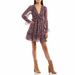 Cheap 🤩 B. Darlin Long-Sleeve V-Neck Floral-Printed Ruffle-Trimmed A-Line 👗 Dress Plum Floral ⌛