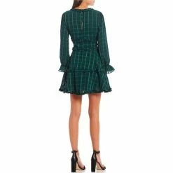 Cheap 🥰 B. Darlin Puffed-Sleeve Windowpane-Plaid Shift 👗 Dress Hunter Green 😍 -B. Darlin shop unnamed file 1084
