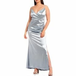 Budget ๐คฉ B. Darlin Plus Spaghetti-Strap Surplice V-Neck Ruched Satin Long ๐ Dress Dusty Blue ๐งจ