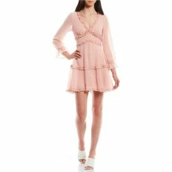 Budget ✨ B. Darlin Long Sleeve Ruffle Detail A-Line 👗 Dress Blush ⭐
