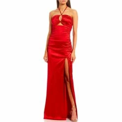 Buy 😉 B. Darlin Sleeveless Satin Y-Neck 🩱 Swimsuit-Top Ruched Slit Hem Cut-Out Ballgown Red ✨