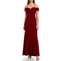Discount ❤️ B. Darlin Off-The-Shoulder Cuffed Notch Cap Sleeve Scuba Crepe Long Mermaid 👗 Dress Dark Garnet 🌟