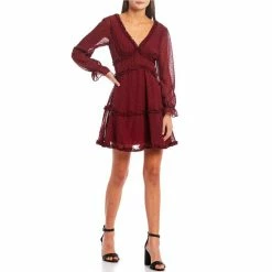 Best Sale 🥰 B. Darlin Long-Sleeve Flocked Chiffon Fit-And-Flare Silhouette Wine/black 💯