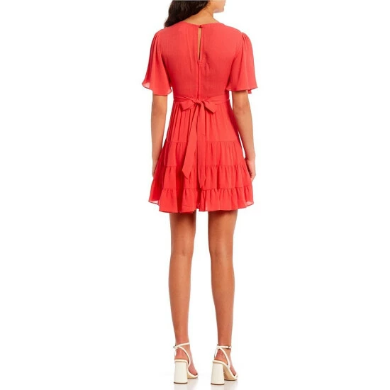 New 🌟 B. Darlin Short Flutter Sleeve V-Neck Tiered 👗 Dress Plum ⌛ 6 New 🌟 B. Darlin Short Flutter Sleeve V-Neck Tiered 👗 Dress Plum ⌛ - Image 4