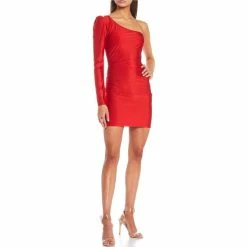 Cheapest 🧨 B. Darlin One-Shoulder Long Sleeve Lightly Ruched Shiny Stretch Knit Sheath 👗 Dress Tomato Red 😀 -B. Darlin shop unnamed file 111