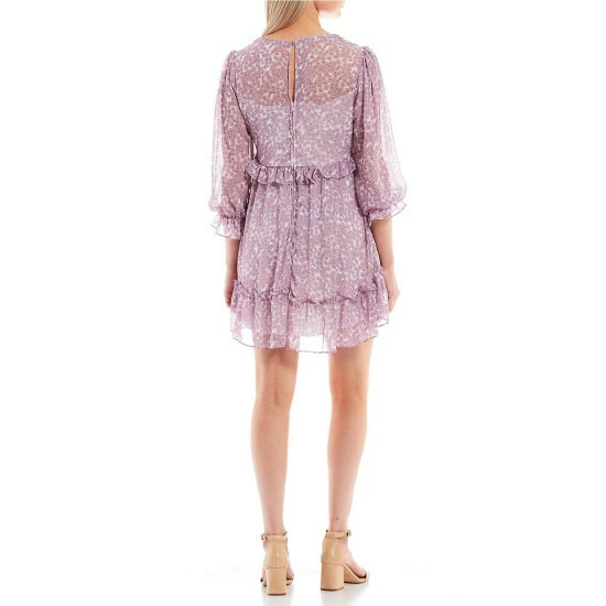 Promo ⭐ B. Darlin 3/4 Sleeve Deep V-Neck Baby Floral Printed Ruffle-Hem Fit-And-Flare 👗 Dress Off White/lavender 🛒 4 Promo ⭐ B. Darlin 3/4 Sleeve Deep V-Neck Baby Floral Printed Ruffle-Hem Fit-And-Flare 👗 Dress Off White/lavender 🛒 - Image 2