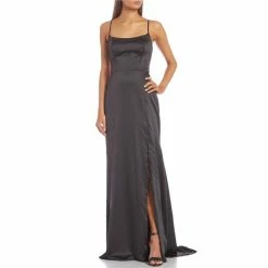 Coupon ๐ B. Darlin Spaghetti Strap Charmeuse Satin Lace-Up Back Side Slit Long ๐ Dress Black ๐งจ