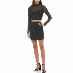 Promo ๐ B. Darlin Long-Sleeve Dew Drop Mesh Overlay Top & Matching ๐ Skirt Two-Piece ๐ Dress Black ๐