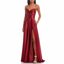Hot Sale ❤️ B. Darlin Cowl Neck Lace Up Rhinestone Back Long Satin 👗 Dress Wine 🔔