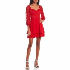 Best deal 🔥 B. Darlin Sweetheart Neck Long Sleeve Lace Bodice Double Hem Fit-And-Flare 👗 Dress Red ❤️