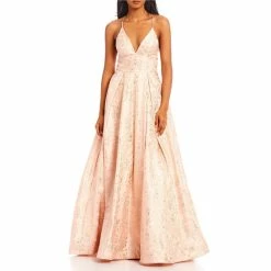 Best reviews of ๐ B. Darlin Spaghetti-Strap Deep V-Neck Tab-Waist Jacquard Lurex Pleated Ball Gown Blush/gold/pink ๐
