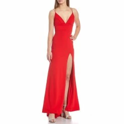 Best deal 💯 B. Darlin Double Spaghetti-Strap High Slit Long Scuba Crepe Gown Red ⭐