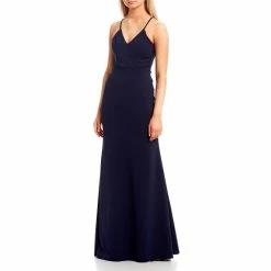 Cheapest 🎁 B. Darlin Spaghetti-Strap V-Neck Lace Bra-Back Scuba Crepe Long 👗 Dress Navy 👍 -B. Darlin shop unnamed file 1234