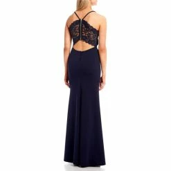 Cheapest 🎁 B. Darlin Spaghetti-Strap V-Neck Lace Bra-Back Scuba Crepe Long 👗 Dress Navy 👍 -B. Darlin shop unnamed file 1235