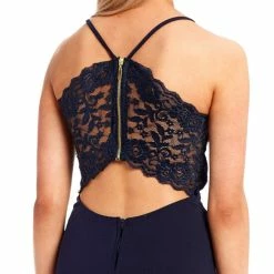 Cheapest 🎁 B. Darlin Spaghetti-Strap V-Neck Lace Bra-Back Scuba Crepe Long 👗 Dress Navy 👍 -B. Darlin shop unnamed file 1236