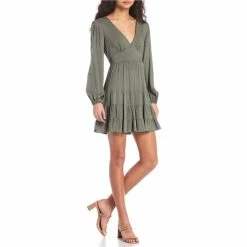 Outlet ⌛ B. Darlin Puff Long-Sleeve V-Neck Empire Tab-Waist Tiered 👗 Skirt Ruffle Hem Challis 👗 Dress Olive 👍