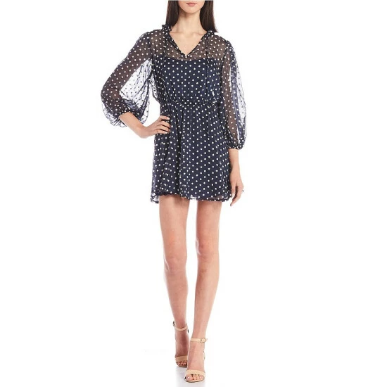 Deals 🤩 B. Darlin Long-Sleeve V-Neck Tie-Neck Clip Flower Sheer Fit-And-Flare 👗 Dress Navy/cream 🌟 3 Deals 🤩 B. Darlin Long-Sleeve V-Neck Tie-Neck Clip Flower Sheer Fit-And-Flare 👗 Dress Navy/cream 🌟