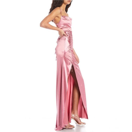 Budget ๐ B. Darlin Spaghetti-Strap Cowl-Neck Lace-Up-Back Cinched Side-Tie Slit Hem Satin Knit Long ๐ Dress Rose โค๏ธ 4 Budget ๐ B. Darlin Spaghetti-Strap Cowl-Neck Lace-Up-Back Cinched Side-Tie Slit Hem Satin Knit Long ๐ Dress Rose โค๏ธ - Image 2