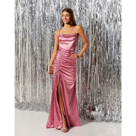 Budget ๐ B. Darlin Spaghetti-Strap Cowl-Neck Lace-Up-Back Cinched Side-Tie Slit Hem Satin Knit Long ๐ Dress Rose โค๏ธ 6 Budget ๐ B. Darlin Spaghetti-Strap Cowl-Neck Lace-Up-Back Cinched Side-Tie Slit Hem Satin Knit Long ๐ Dress Rose โค๏ธ - Image 4