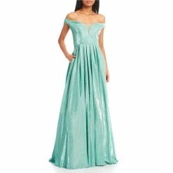 Flash Sale 👍 B. Darlin Off-The-Shoulder Sweetheart Neck Sherri Shine Shimmer Ball Gown Mint 😀