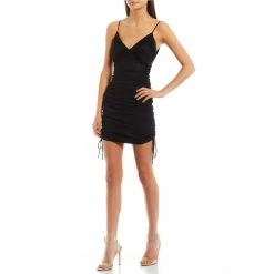 Top 10 🧨 B. Darlin Sleeveless V-Neck Spaghetti Strap X-Back Cinched-Tie-Side Glitter Mesh Sheath 👗 Dress Black 🛒