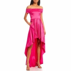 Buy 🎉 B. Darlin Off-The-Shoulder Scalloped Satin Taffeta High-Low Long 👗 Dress Fuschia 😍