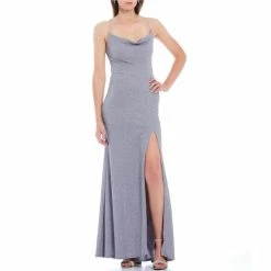 Best Pirce 🧨 B. Darlin Spaghetti Strap Cowl Neck X-Back Glitter Knit Slit Hem Long 👗 Dress Grey/multi 🔔