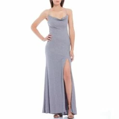 Best Pirce 🧨 B. Darlin Spaghetti Strap Cowl Neck X-Back Glitter Knit Slit Hem Long 👗 Dress Grey/multi 🔔 -B. Darlin shop unnamed file 1355