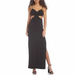 Cheapest ๐ B. Darlin Spaghetti-Strap Cut-Out Scuba Crepe Slit Hem Long ๐ Dress Black ๐