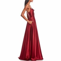 Hot Sale ❤️ B. Darlin Cowl Neck Lace Up Rhinestone Back Long Satin 👗 Dress Wine 🔔 -B. Darlin shop unnamed file 14