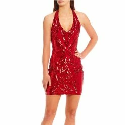 Best Pirce 🌟 B. Darlin Sleeveless Halter Sequin 👗 Dress Red/red 🎉 -B. Darlin shop unnamed file 142