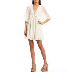 Buy ❤️ B. Darlin Flutter Blouson 3/4 Sleeve Deep V-Neck Clip-Dot Ruffled Flounce 👗 Dress Off White 👏