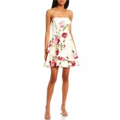 Best Sale 😉 B. Darlin Strapless Floral Printed Scuba Crepe Asymmetric Double Hem Fit-And-Flare 👗 Dress Off White/fuschia/green ⌛ -B. Darlin shop unnamed file 1430