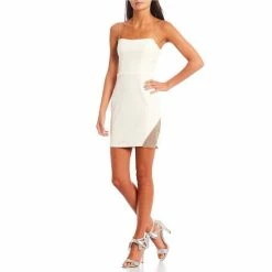 Promo 🧨 B. Darlin Sleeveless Rhinestone-Embellished-Mesh-Inset Bodycon 👗 Dress Off-white 🔔